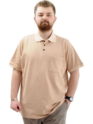 Superxl Büyük Beden Erkek T-Shirt Polo Yaka Cepli Klasik 20550 Bej