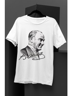 Fuddy Moda Mustafa Kemal Atatürk Imza Baskılı Unisex T-Shirt Erkek-Kadın Atatürk Baskılı T-Shirt