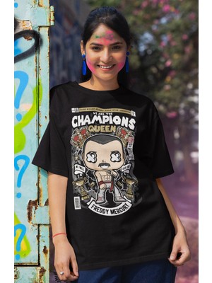 Fuddy Moda Champions Queen Yazılı Tshirt  Unisex Rock Grubu Queen Baskılı T-Shirt