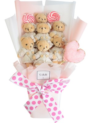 U&B Teddy Bear Flowers Sevimli Pembemsi Kalpli Şekerli Ayıcık Buketi