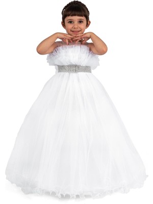 Buse & Eylül Bebe Beyaz Kemer Detaylı Kasnaklı Kız Çocuk Parti Elbisesi