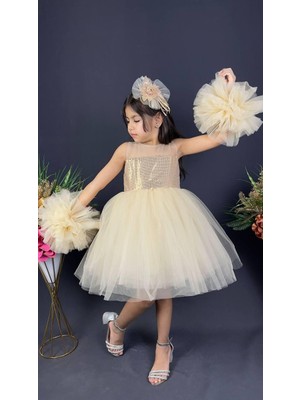 Buse & Eylül Bebe Altın Ponpon Kollu Pullu Kız Çocuk Abiye