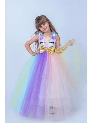 Buse & Eylül Bebe Buse & Eylü Bebe Unicorn Temalı Uzun Kız Çocuk Parti Elbisesi Çok Renkli Kasnaklı Tasarım