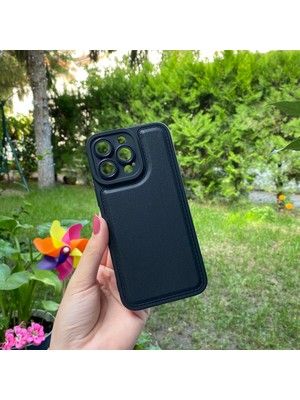 Bumudur Aksesuar Apple iPhone 14 Pro Max Kamera Korumalı Deri Desenli Siyah Silikon Kılıf