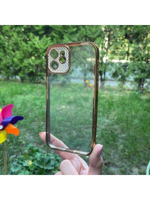 Bumudur Aksesuar Apple iPhone 12 Sarı Çerceveli Elmas Görünümlü Silikon Kılıf