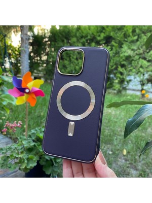 Bumudur Aksesuar Apple iPhone 14 Pro Max Koyu Mor Deri Magsafe Kılıf