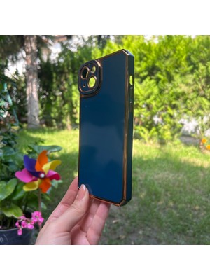 Bumudur Aksesuar Apple iPhone 14 Plus Kamera Korumalı Altın Renkli Lacivert Silikon Kılıf