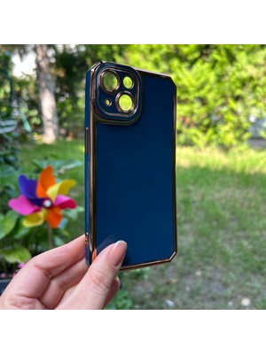 Bumudur Aksesuar Apple iPhone 14 Kamera Korumalı Altın Renkli Lacivert Silikon Kılıf