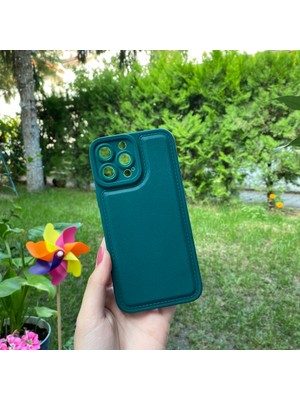Bumudur Aksesuar Apple iPhone 13 Pro Max Kamera Korumalı Deri Desenli Yeşil Silikon Kılıf