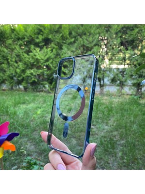 Bumudur Aksesuar Apple iPhone 14 Mavi Parlak Kenarlı Magsafe Kılıf