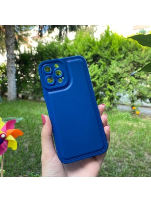 Bumudur Aksesuar Apple iPhone 12 Pro Max Kamera Korumalı Deri Desenli Mavi Silikon Kılıf