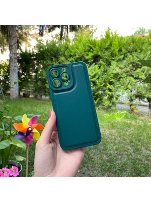 Bumudur Aksesuar Apple iPhone 14 Pro Max Kamera Korumalı Deri Desenli Yeşil Silikon Kılıf