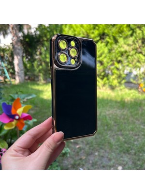 Bumudur Aksesuar Apple iPhone 14 Pro Max Kamera Korumalı Altın Renkli Siyah Silikon Kılıf