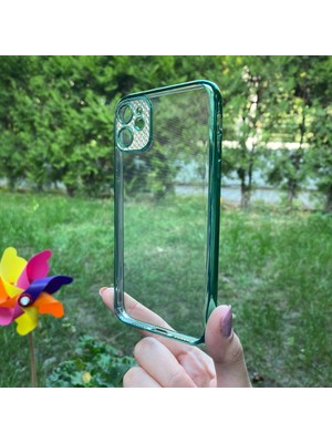 Bumudur Aksesuar Apple iPhone 11 Yeşil Çerceveli Elmas Görünümlü Silikon Kılıf