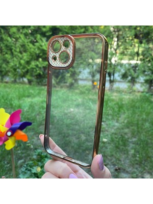 Bumudur Aksesuar Apple iPhone 13 Sarı Çerceveli Elmas Görünümlü Silikon Kılıf