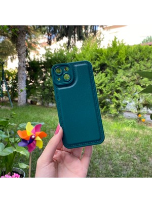 Bumudur Aksesuar Apple iPhone 13 Kamera Korumalı Deri Desenli Yeşil Silikon Kılıf