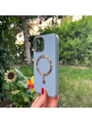 Bumudur Aksesuar Apple iPhone 13 Pro Max Mavi Deri Magsafe Kılıf