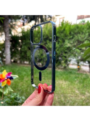 Bumudur Aksesuar Apple iPhone 13 Pro Mavi Parlak Kenarlı Magsafe Kılıf