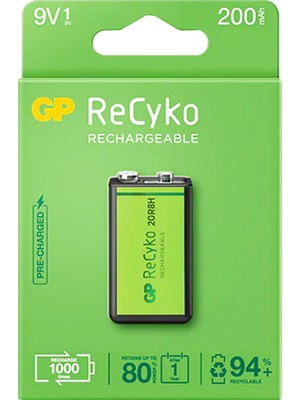 Kornea Store Gp Recyko 9 Volt 200 Mah Nı-Mh Şarjlı Pil GP20R8H-2E1-(GPRHV208R075) (K246)