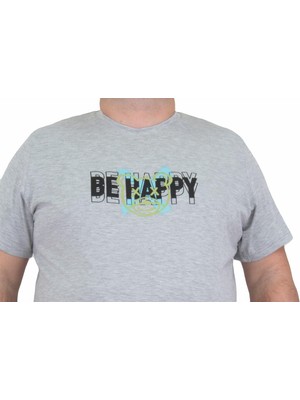 Moc Grande Mocgrande Erkek Büyük Beden Sıfır Yaka T-Shirt Be Happy 24131 Grı Melanj