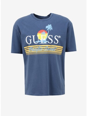 Guess Bisiklet Yaka Baskılı Mavi Erkek T-Shirt M4GI41KBZV1F7LH_SS Bsc Pacıfıc Coas