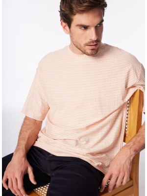 Fabrika Turuncu Erkek Bisiklet Yaka Loose Fit Çizgili T-Shirt F4SM-TST 036