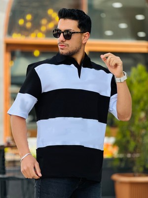 Miron Siyah Beyaz Polo Yaka Blok Parçalı Oversize Tişört
