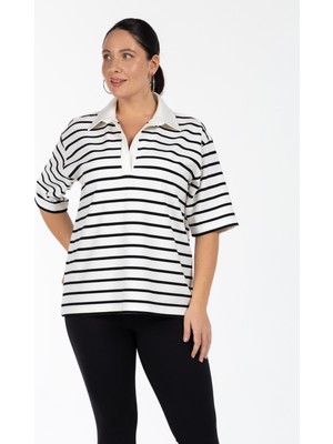 Luokk Polo Yaka Çizgili Ekru Kadın T-Shirt Edıth