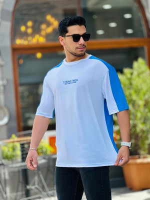 Miron Beyaz Mavi Strong Finish Baskılı Oversize Kısa Kolu Tişört