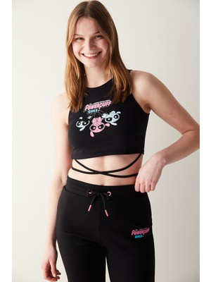 Penti Siyah Baskılı Bağlamalı Crop Top