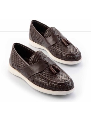 Bambi Kahve Örgü Hakiki Deri Erkek Loafer Ayakkabı E01798105216