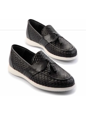 Bambi Siyah Örgü Hakiki Deri Erkek Loafer Ayakkabı E01798105216