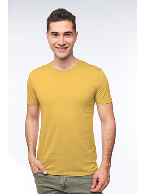 Fsm1453 Erkek Günlük % 100 Pamuk Sıfır Yaka Kısa Kollu Renkli Tişört Antik Sarı - 421