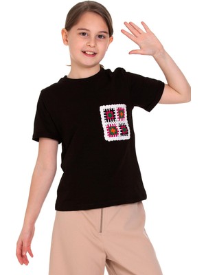 Zepkids Dantel Cep Detaylı Siyah Renk Kız Çocuk Tshirt