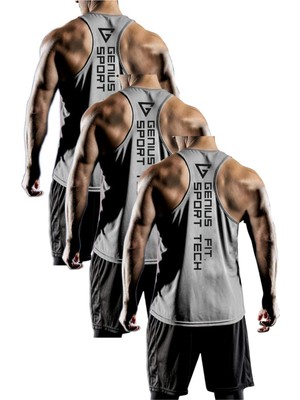 Genius Store 3'lü Paket Erkek Dry Fit Y-Back Gym Fitness Sporcu Atleti Genıus-Fıt3(Gri3'lü)