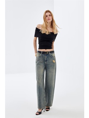 Mavi Düşük Bel Wide Leg Vintage Sustainable Denim Jean Pantolon