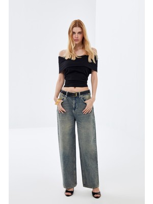 Mavi Düşük Bel Wide Leg Vintage Sustainable Denim Jean Pantolon