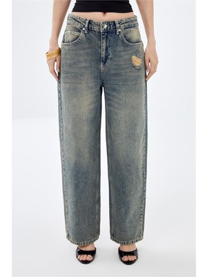 Mavi Düşük Bel Wide Leg Vintage Sustainable Denim Jean Pantolon