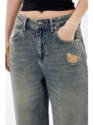 Mavi Düşük Bel Wide Leg Vintage Sustainable Denim Jean Pantolon