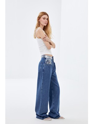 Mavi Varak Cep ve Bel Detaylı,  Wide Leg Bel düğme detaylı Jeans