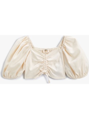 Koton Crop Bluz Keten Karışımlı Balon Kollu Büzgü Detaylı