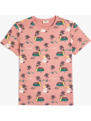 Koton Tişört Palmiye Baskılı Bisiklet Yaka Kısa Kollu Pamuklu