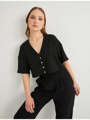 Koton Crop Gömlek Kısa Kollu Düğmeli V Yaka