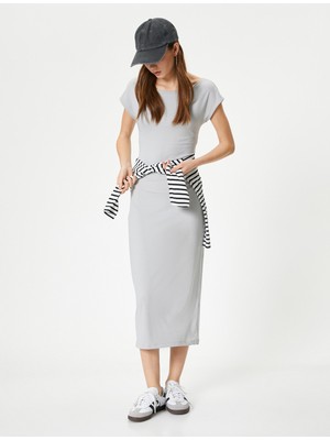 Koton Kalem Elbise Midi Boy Slim Fit Kısa Kollu Kayık Yaka