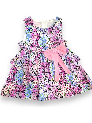 Little Tortoise Kız Çocuk Çiçekli Fiyonklu Elbise