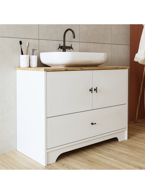 Roomart Oval Lavabolu Ayaklı 2 Kapaklı Çekmeceli Mat Beyaz Mdf 100 cm Banyo Dolabı