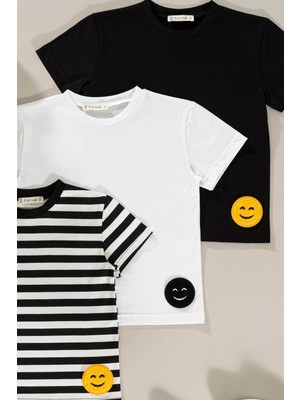 For You Kids 3'Lü Emoji Detaylı Siyah Beyaz Çizgili Erkek Çocuk Tshirt