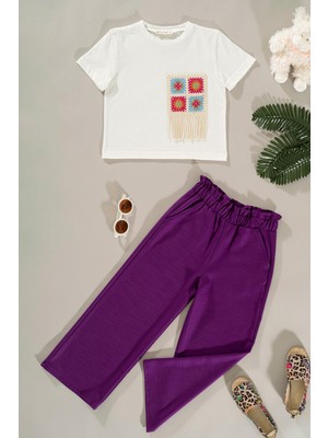 For You Kids Dantel Cep Detaylı Mor Pantolon Takım