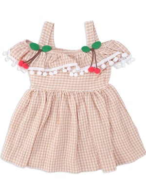 Bebelop Kız Bebek Pitikareli Kirazlı Fırfır Detay Askılı Elbise