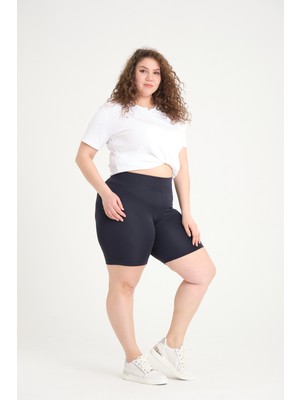 Banega Curve Kadın Büyük Beden Yüksek Bel Toparlayıcı Örme Biker Şort Kısa Lacivert Tayt